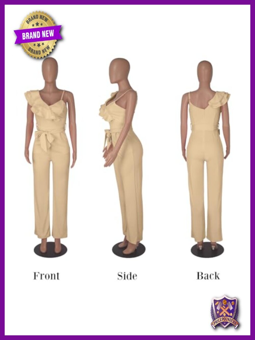 Ruffle One Shoulder Jumpsuit with Pockets, Wide Leg, Adjustable Strap, V-Neck, - Picture 4 of 6
